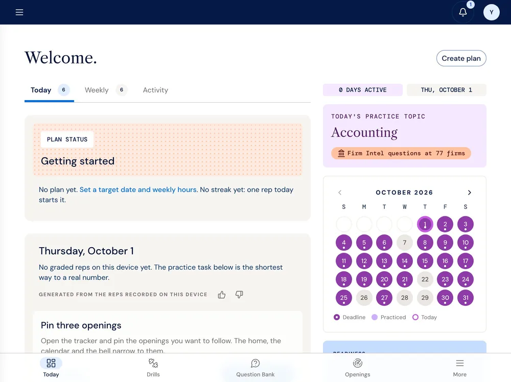 The Internvest home: the plan status, the day's tasks, today's practice topic and the month calendar with deadline days marked.