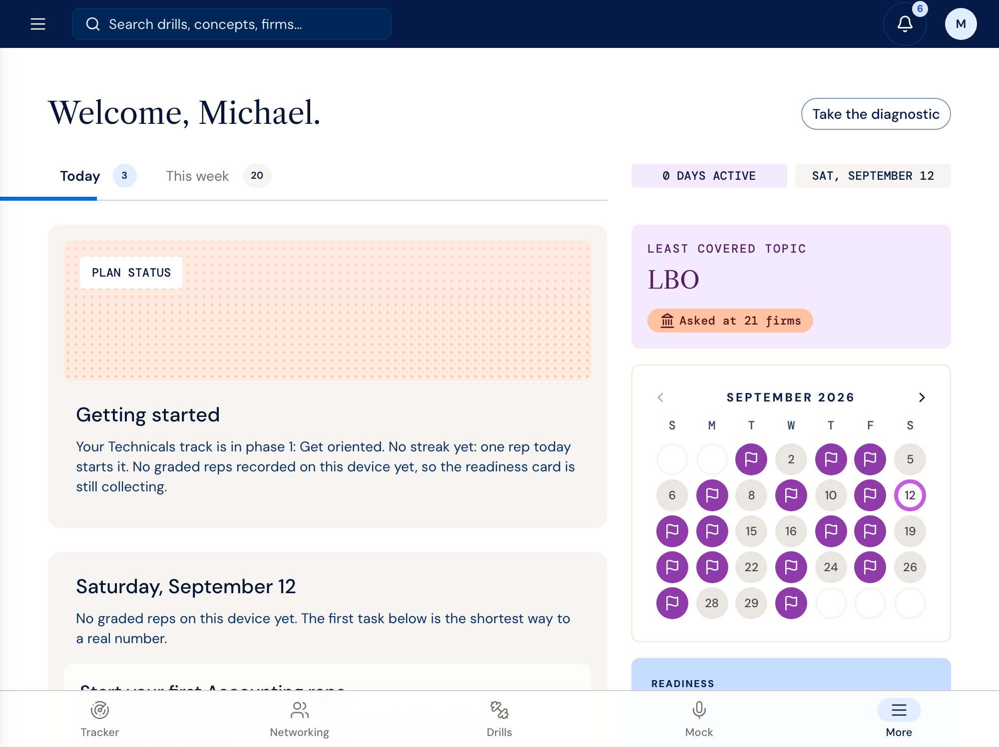 The Internvest home: the day's tasks, the month calendar with deadline days marked and the readiness card.