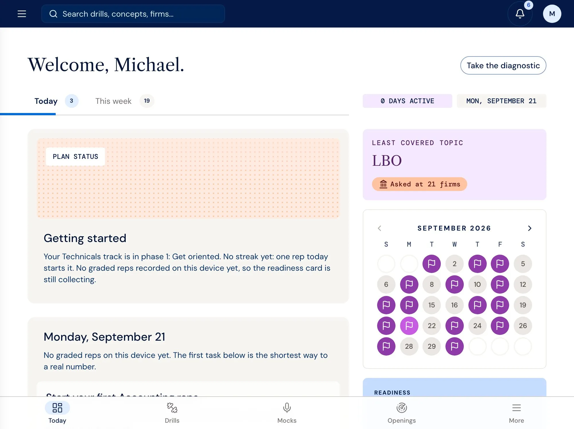 The Internvest home: the day's tasks, the month calendar with deadline days marked and the readiness card.