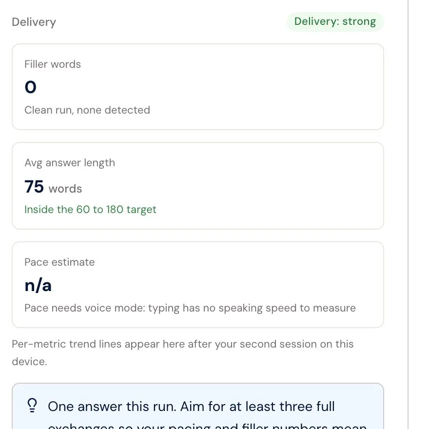 Captured from the product: the delivery panel of a mock interview recap, with its band and the first metric tiles.