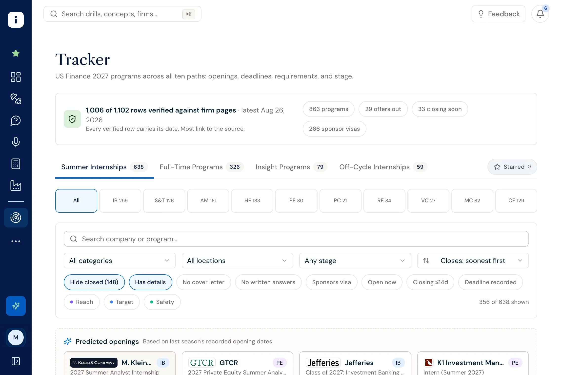 The Internvest tracker: verified rows, path filters and the openings closing soonest.